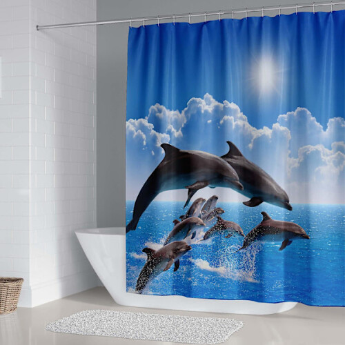 Σετ κουρτινών μπάνιου Dolphin Blue με αντιολισθητικό χαλάκι μπάνιου 1
