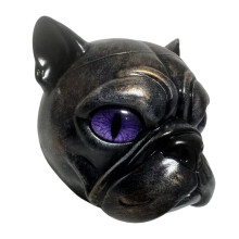 Schwarzer Möpse-Hundekopf-Ornament,-Lavendelfarbene Augen