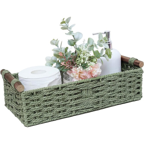 1 PC Decorative Round Paper Rope Storage Basket with Handle for Organizing, Green 1