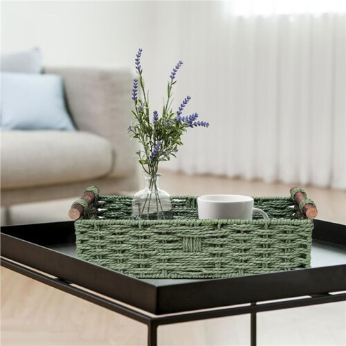 1 PC Decorative Round Paper Rope Storage Basket with Handle for Organizing, Green 2