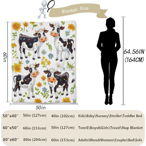 Manta de flanela com estampa de vaca e flores, 203 x 152 cm (80 x 60 polegadas) 2