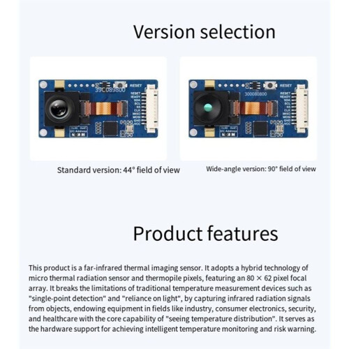 Long-Wave IR Thermal Imaging Camera Module for Raspberry Pi IR Camera, 80x62 Pixels, Options for FOV and Connector 44 2