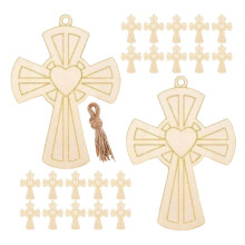 30Set Wooden Cross Cutouts with Twine Khaki for Easter Baptism Favors