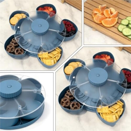 Drehbare Servierplatte mit 5 Fächern und Deckel, Tragbare Snackbox mit Drehteller 2