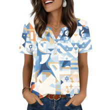 Womens Tops V Neck Short Sleeve Shirts Casual Blouse-Blue XXL