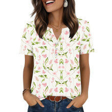 Womens Tops V Neck Short Sleeve Shirts Casual Blouse-Beige XL