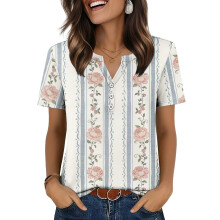 Womens Tops V Neck Short Sleeve Shirts Casual Blouse-Beige XXL