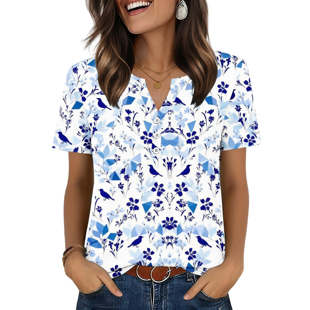 Sky Blue Womens Tops V Neck Short Sleeve Shirts Casual Blouse- M