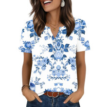 Womens Tops V Neck Short Sleeve Shirts Casual Blouse-Blue XL