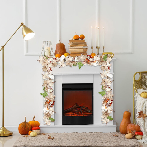 Artificial Maple Leaf Garland with White Pumpkins 5.7ft 1