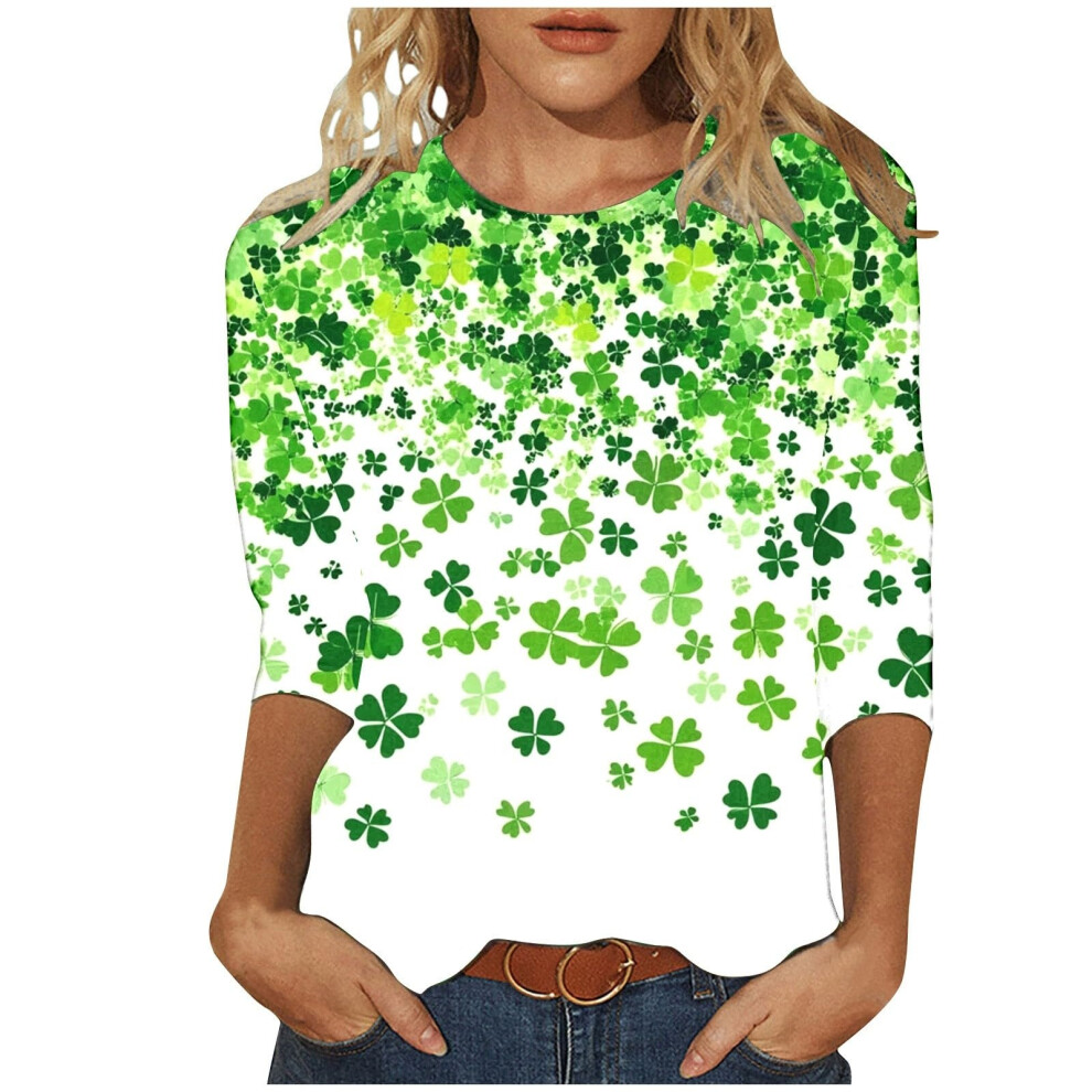 Green Women's 3/4 Sleeve Blouse, Round Neck, Casual Summer- S