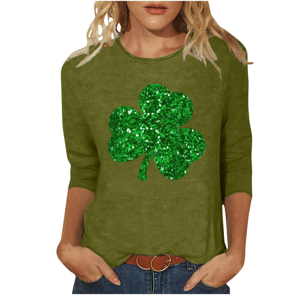 Green Women's 3/4 Sleeve Blouse, Round Neck, Casual-Army Xl