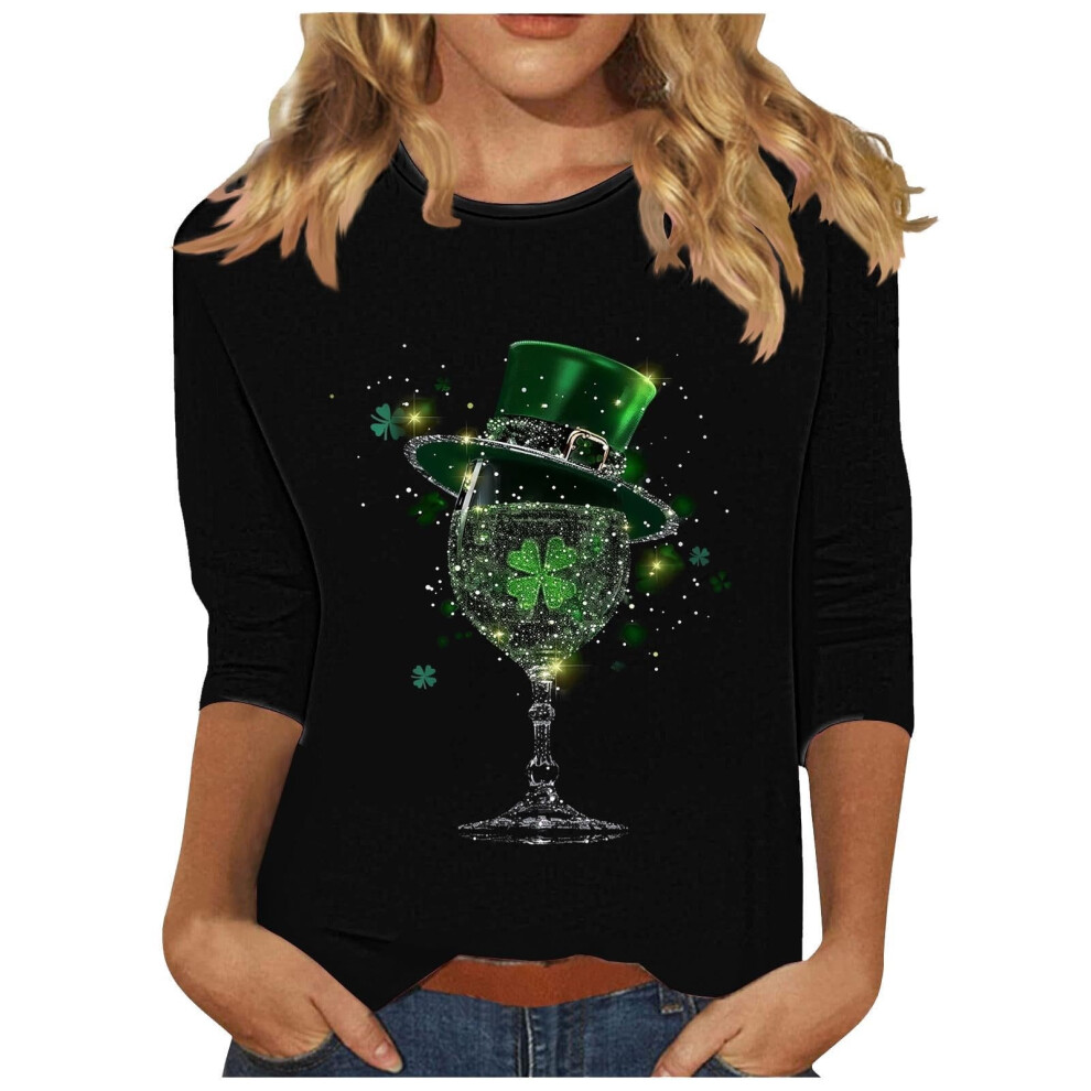 Black Women's 3/4 Sleeve Blouse, Round Neck, Casual Summer- M