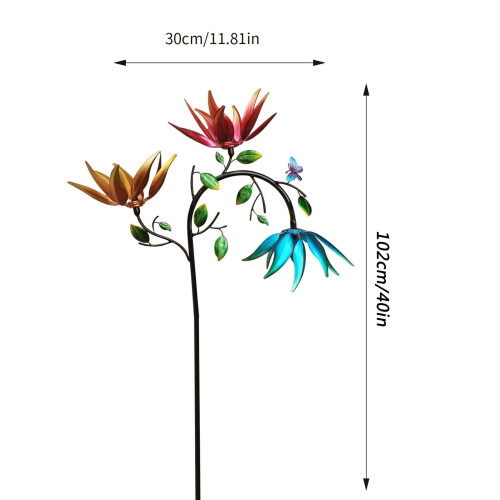 Cata-vento de metal com 3 flores e borboletas para jardim 2