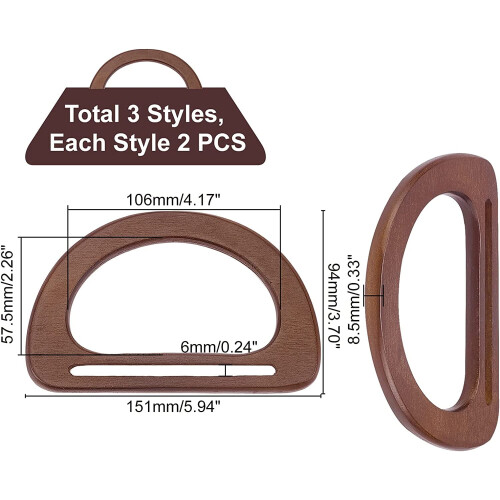 Alças de madeira para bolsas em formato de D, 15 cm (5,9 polegadas), 6 peças, 3 cores. 2