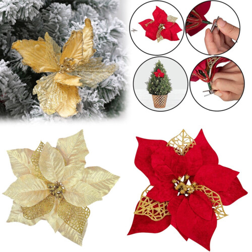 Gold Glitter Artificial Flower Ornaments 2 PCS 1
