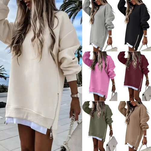 (Pink, XL) Autumn Winter Women's Spliced Side Zipper Pullover Sweatshirt 1