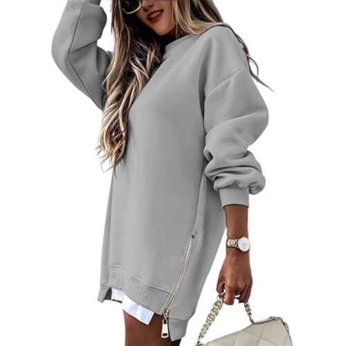 (Pink, XL) Autumn Winter Women's Spliced Side Zipper Pullover Sweatshirt 2