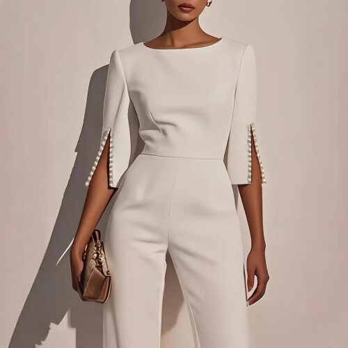 (Black, L) Spring Summer Solid Beaded Slim Jumpsuit for Women 2