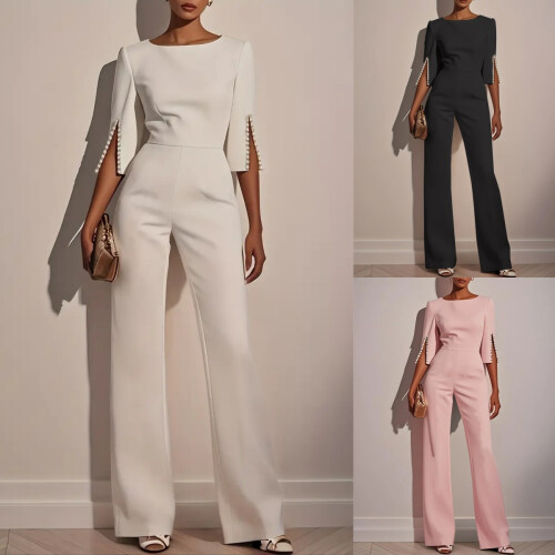 (Pink, L) Spring Summer Solid Beaded Slim Jumpsuit for Women 1
