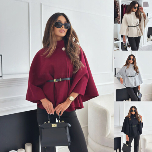 (Wine red, S) Vinterkappe med belte i ull til dame 1