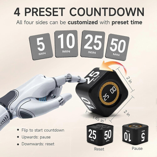 2025 Newest Pomodoro Timer, 5, 25, 10, 50 Minutes Presets, Desk Efficiency Cube, with Gravity Sensor, for ADHD Patients, Mute Function, Creative 1