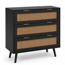 Black Wooden Rattan 3 Drawer Chest of Drawers
