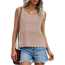 Womens Crochet Solid Color Sleeveless Sweater Vest-Khaki XL