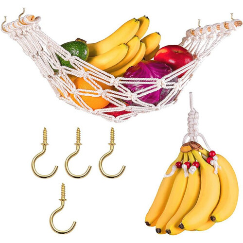 2X Macrame Fruit Hammock for Kitchen Under Cabinet,Veggie Hammock Fruit Holder Net and Hook for Hanging Fruit Basket 2