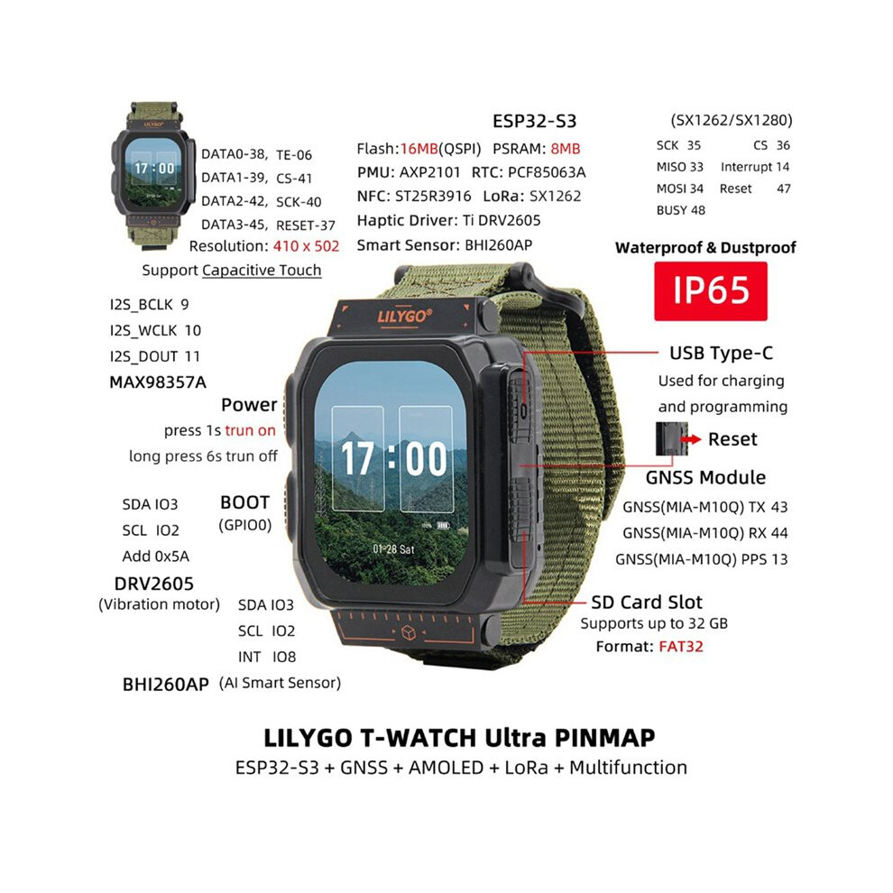 Lilygo T-Watch Ultra 915Mhz 2.06-Inch Amoled Watch Esp32-S3/Lora/Gnss Sx1262 Low Power Lora Transceiver Watch 6033793875191
