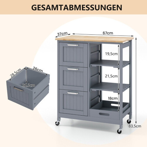 Carrello da cucina con vassoio, ripiani e 3 cassetti - Grigio 1