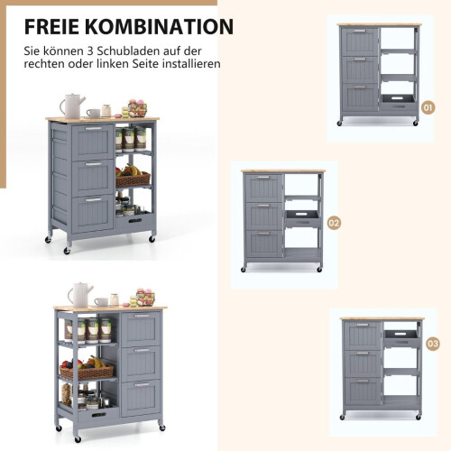 Carrello da cucina con vassoio, ripiani e 3 cassetti - Grigio 2