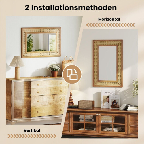 Rattan Wall Mirror with Wood Frame, 90x60 cm, Hanging 2