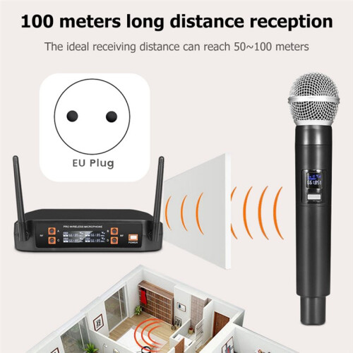 Wireless Microphone+Headsets Handheld 4 Channel UHF Fixed Frequency Dynamic Microphone System for Karaoke Band Church EU 1