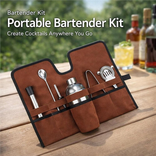 Canvas Cocktail Set Carry Bag, Portable Folding Roll Strap, Brown - Durable Bartender Kit,  Design 2