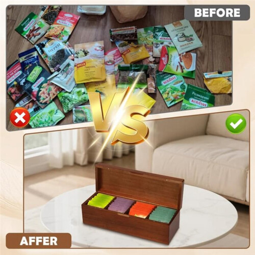 Wood Tea Bag Storage Box, 4-Compartment Organizer for Tea and More 2