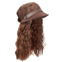 Natural Black Synthetic Curly Wigs Fisherman Hat-light brown