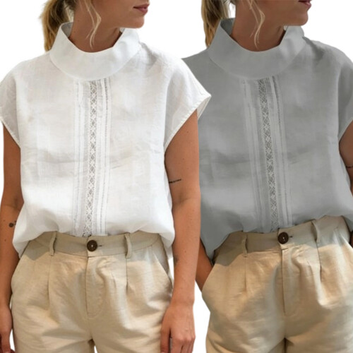 Cotton Linen High Neck Pullover Top With Unique Cutout-Gray M 2