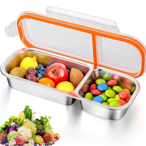 2X Reusable Snack Containers with Lids, Stainless Steel Double/2 Compartment Snack Box Container 1