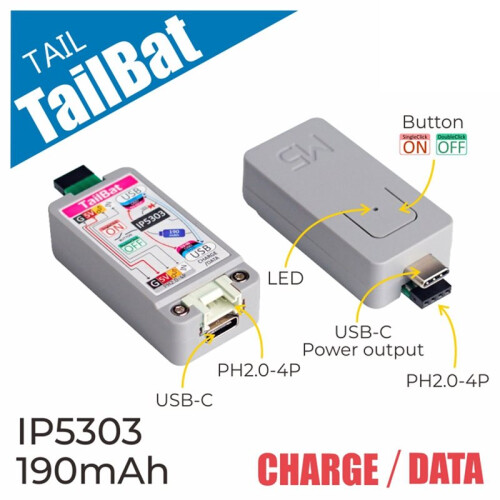 ATOM TailBat External Battery Accessory Built-in 190mAh Rechargeable Lithium Battery with Indicator Light for ATOM 2
