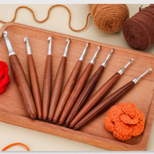 8Pcs Aluminium Crochet Hook for Knitting Ergonomic Wood Handle 1