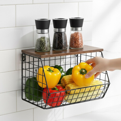 Frutero metálico de pared con estante efecto madera 1