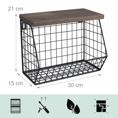 Frutero metálico de pared con estante efecto madera 2
