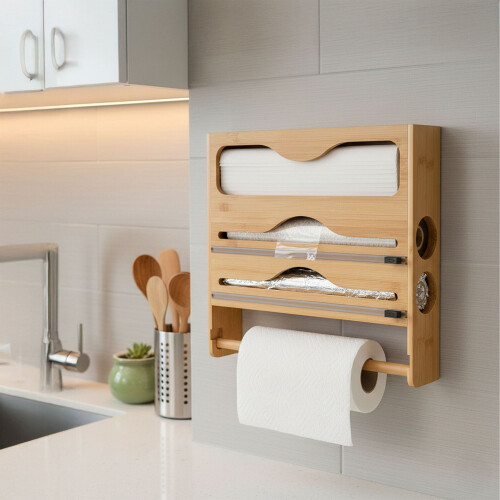 Wall-Mounted Kitchen Roll & Foil Dispenser with Cutter 2