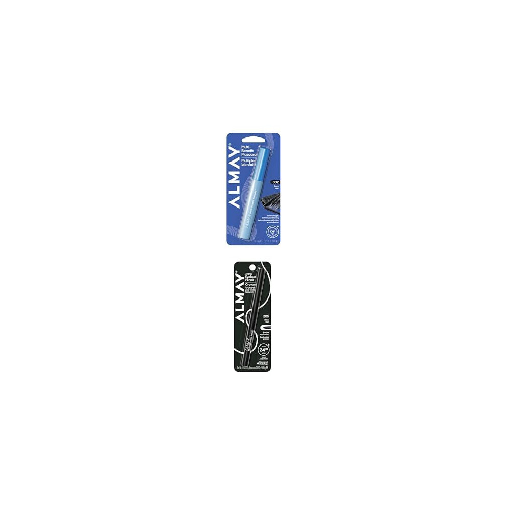 Almay Black Multi-Benefit Mascara + All-Day Eyeliner Pencil, Hypoallergenic, Cruelty-Free, Oil-Free (Packaging May Vary), (502 )