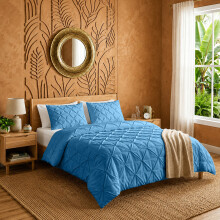 (Double, Washed Blue) 3PC Pintuck Duvet Cover-Luxury Microfiber Duvet Cover with Pillowcases