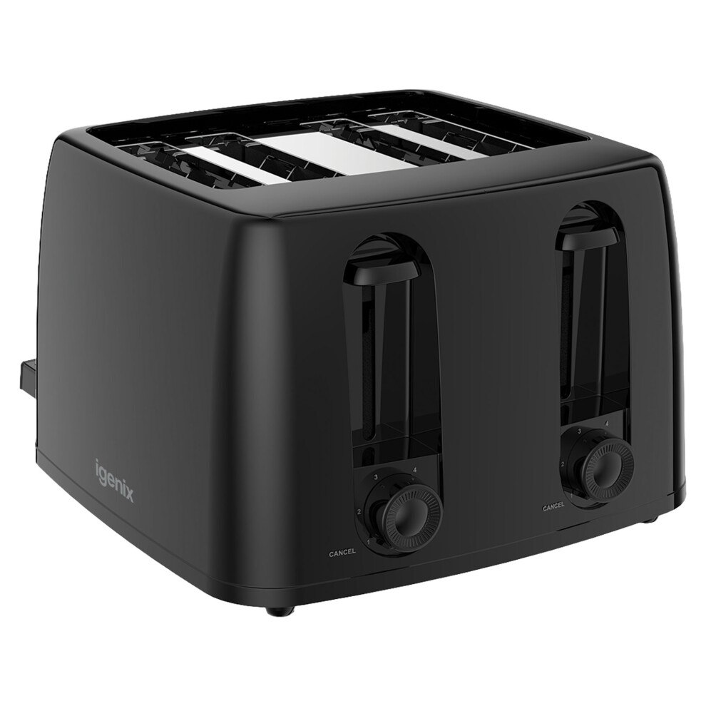 Igenix 4 Slice Toaster, 1300W, 100X100mm Slots, 6 Browning Levels, Control Dial, Cancel Function, Crumb Tray, Cord Storage, Black