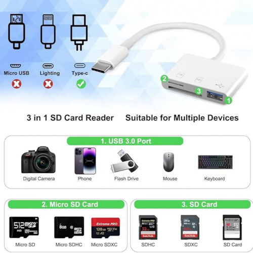Αναγνώστης καρτών USB C SD 3 σε 1, προσαρμογέας USB C σε SD/Micro SD/USB 3.0, συμβατός με συσκε 2