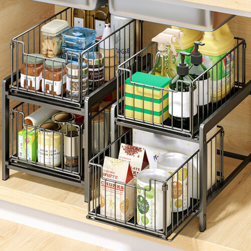 Pull Out Near Sink Storage With 2 Moving Baskets Strong-Black 2