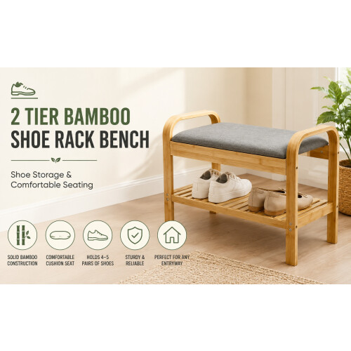 Gr8 Home Bamboo Shoe Rack Bench with Cushion Seat Storage 1